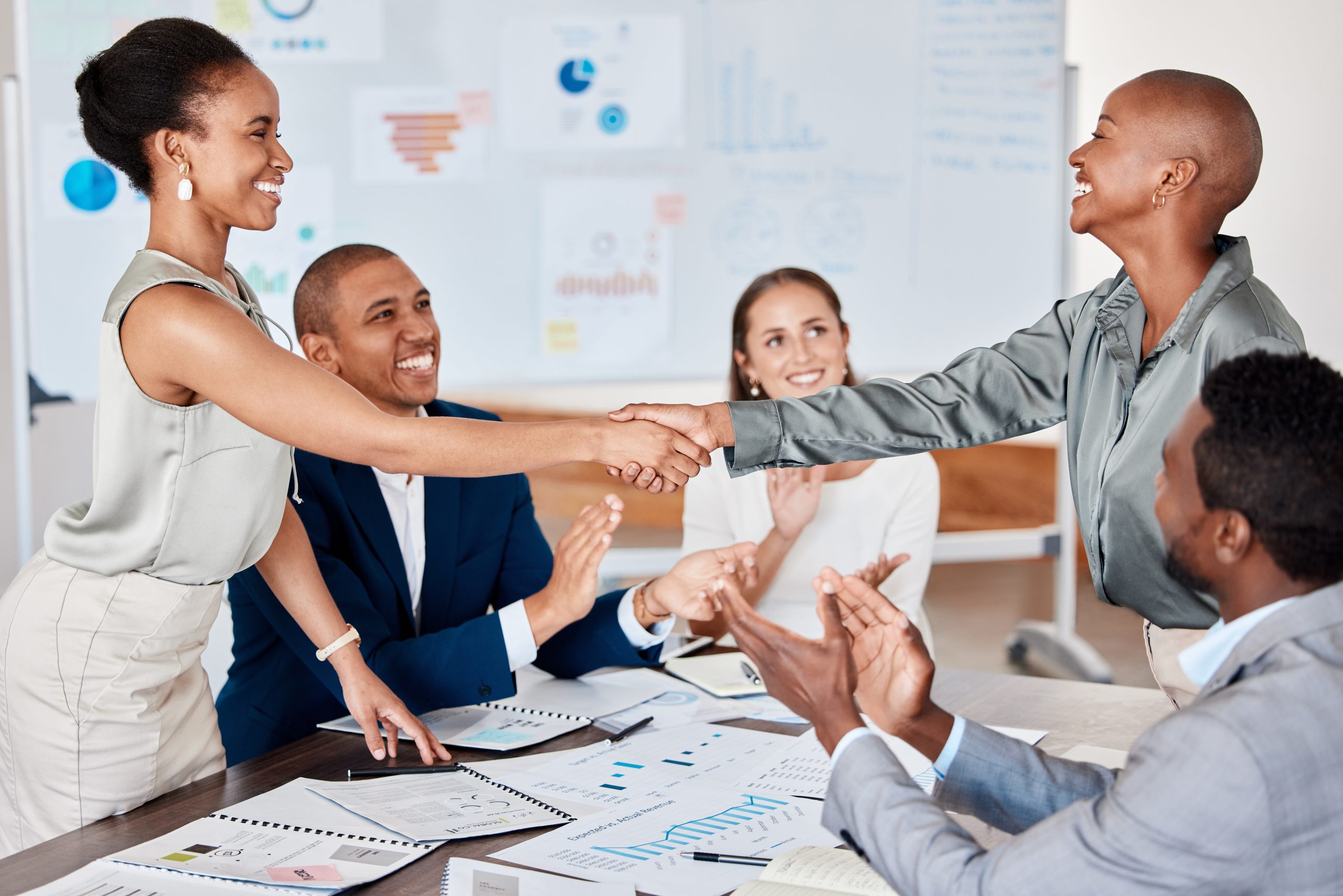Partnership handshake, b2b client contract success or deal of business diversity and office team.