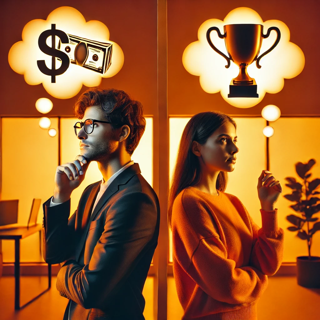 Two people standing side by side and thinking about Monetary and Non-Monetary Rewards